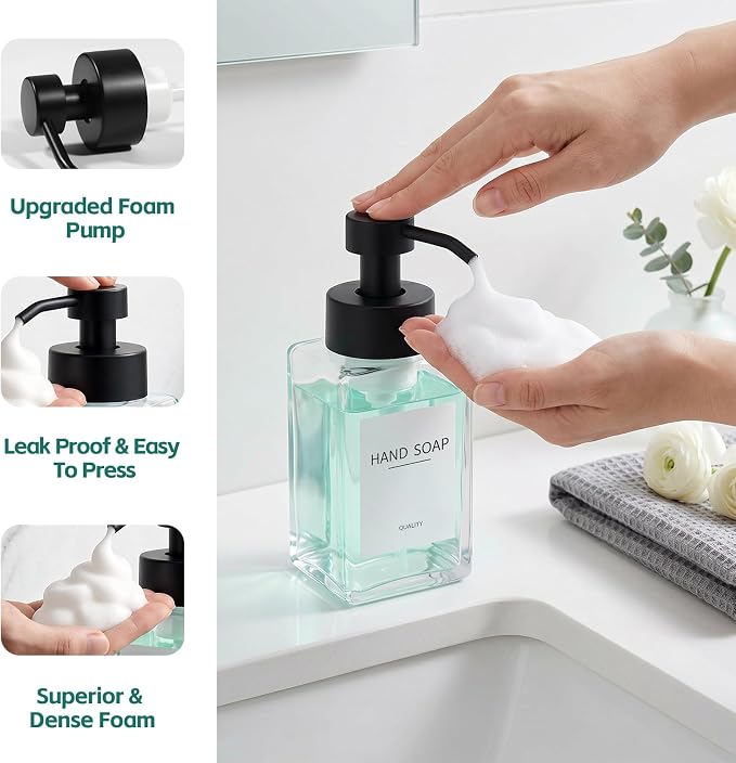Foaming Soap Dispenser, 12oz/350ml Glass Foaming Hand Soap Dispenser Set, 3Pcs Refillable Foam Soap Dispenser With Foaming Pump, Labels, Square Foam Soap Hand Dispenser For Bathroom, Kitchen