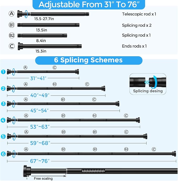 Shower Curtain Rod 31-76",Spring Tension Rod Adjustable No Drill | Spliced, Non-Slip Caps, Multi-Layer Anti-Rust Coating, Tool-Free, Fits Any Wall, for Bathroom, Window, Kitchen, Doorway,Black