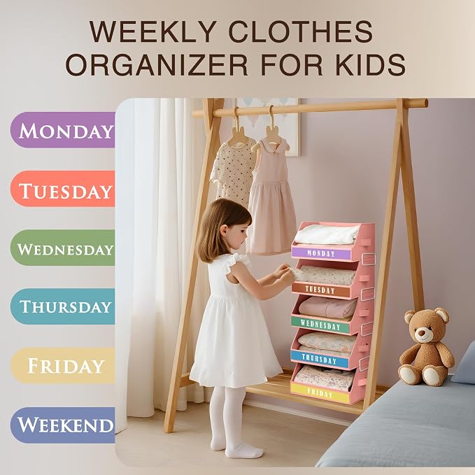 Homsorout Closet Organizers and Storage - 5 Tier Shelf Organizer with Weekly Labels, Stackable Storage Bins with Metal Frame, Foldable Cube Bins, Home Baskets for Kids and Adults, Pink