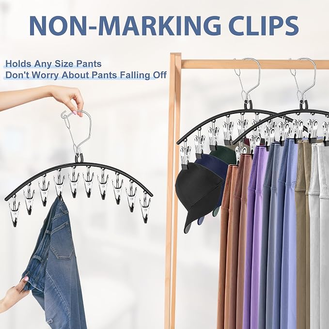 3 Pack Skirt Pants Hangers with Clips, Legging Organizer for Closet Hanging with 10 Cilps Holds 30 Leggings/Shorts/Jeans/Skirts Pants Hangers Space Saving Closet Organizers and Storage, Blue