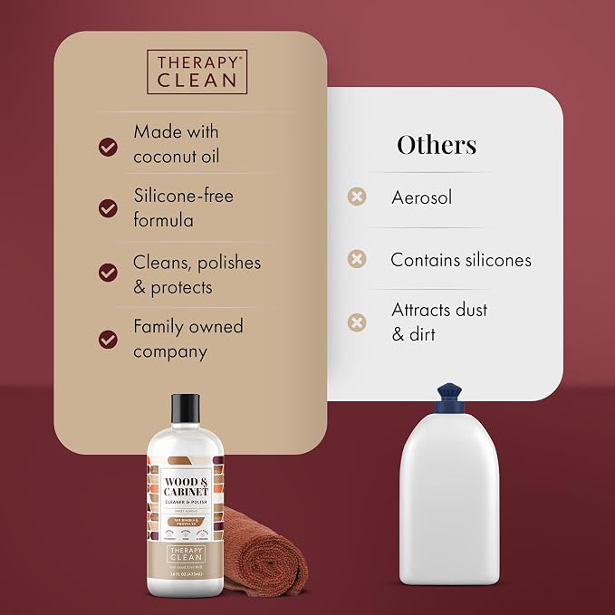 Therapy Wood Cleaner and Polish - Cabinet & Table Restorer (16 oz) | Includes microfiber cloth. Almond scent, natural conditioning formula. Restores wood cabinets, tables & furniture. 16oz