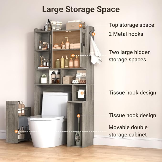 ELYKEN Over The Toilet Storage Cabinet with Pulley Bathroom Storage Cabinet, Home Space-Saving Over Toilet Rack with Glass Doors & Adjustable Open Shelf for Bathroom, Restroom, Laundry, Grey