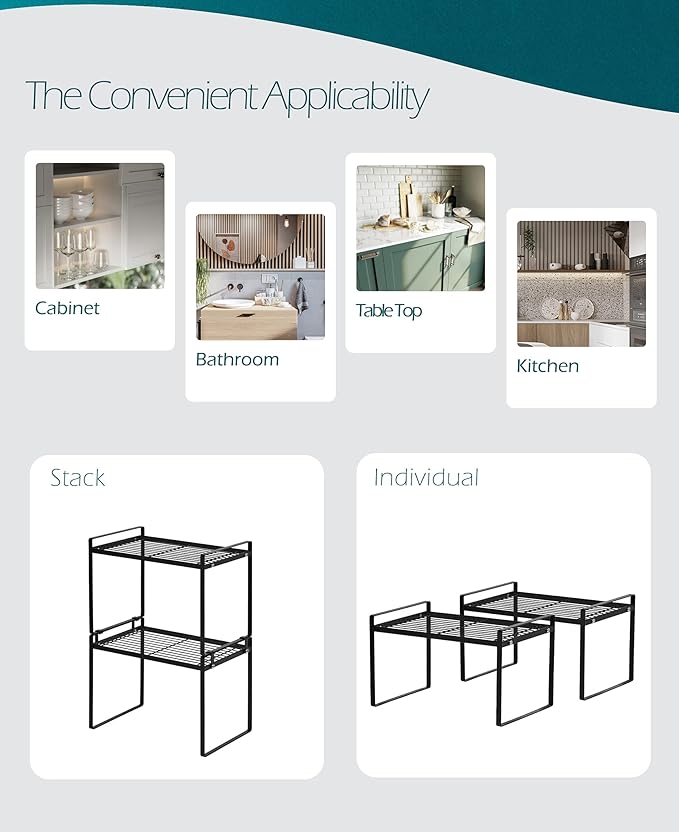 Shantton 2pk Kitchen Cabinet Shelf Counter Organizer Rack Pantry Storage Bathroom Bedroom Office Table Desk Space Saving Steel Frame Stackable Rust Resistant Non Slip Black-Tall-L13in W8.3in H9.5in