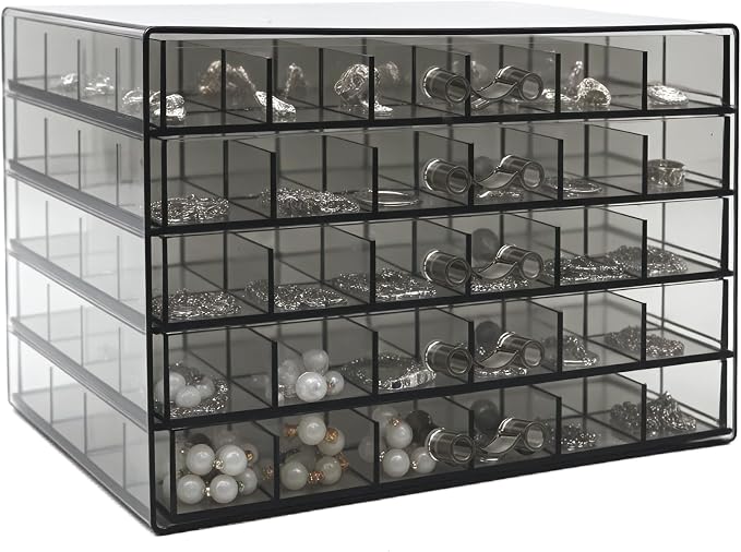 Clear Grey Acrylic Jewelry Storage Box, Earring Jewelry Organizer with 5 Drawers, 5-Layer Jewelry Box for Women, Earring Display Holder for Earrings Ring Bracelet Necklace, 120 Grid Storage Box