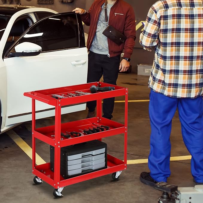 TUFFIOM 3 Tier Rolling Tool Cart, 330 Lbs Capacity, Red, 3 Shelves Steel Utility Cart for Garage, Workshop, Warehouse & Repair Shop