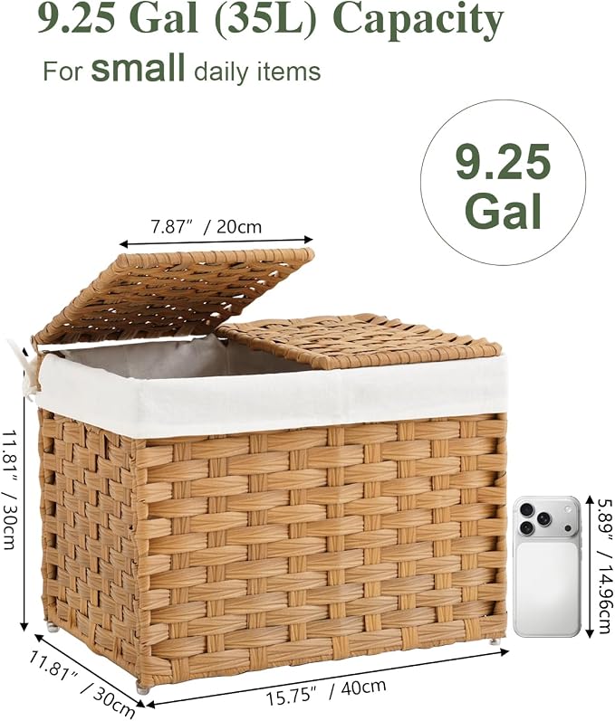 SETVSON Storage Basket with Lid Woven Wicker Baskets with 2 Separate Lid, 9.2 Gallon (35 L) Wicker Storage Bins with Handles, Foldable and 2 Removable Liner Bags for Bedroom, Laundry Room Natural