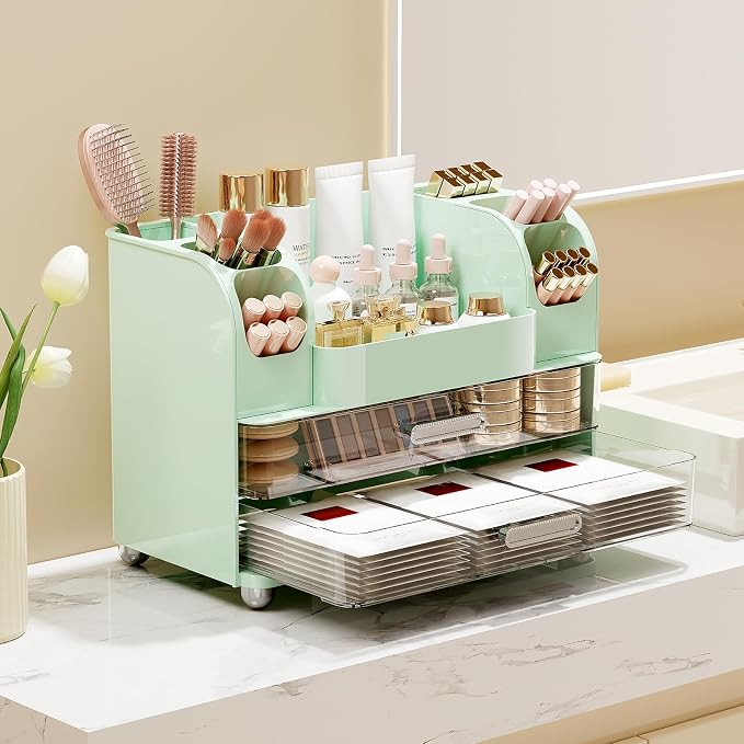 UFORU Makeup Organizer for Vanity with 2 Large Drawers, Cosmetic Display Case with Brush Holders, Easy to Storage for Bathroom Countertop Skincare, Perfume, Green