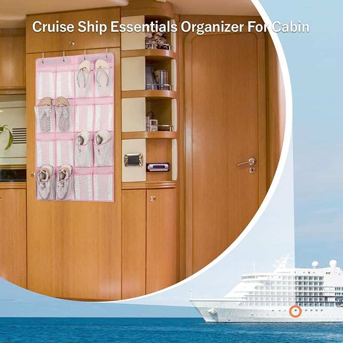 F-color Over the Door Organizer for Cruise - 16-Pocket Hanging Organizer | Tool-Free Mount with 4 Metal Hooks, See-Through Mesh Pockets, Lightweight & Foldable, Space-Saving for Travel and Daily Use