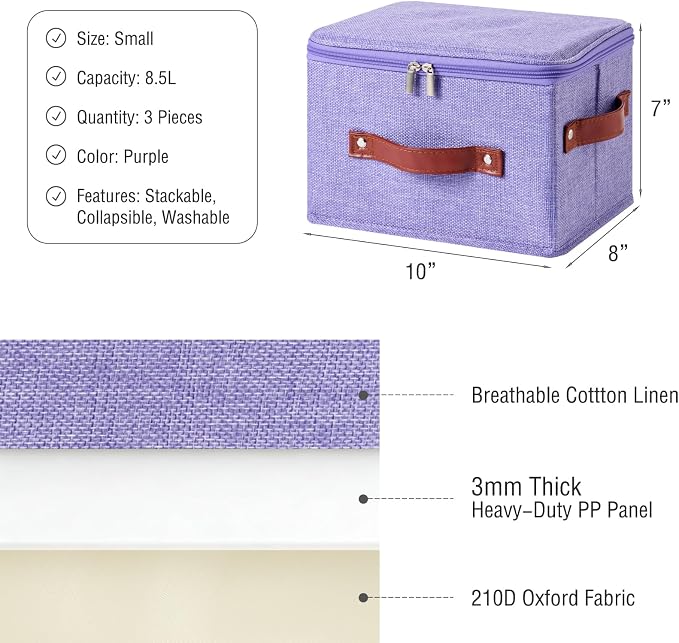 3PCS Storage Bins Boxes with Zippered Lids Cotton Linen Fabric Decorative Basket PU Leather Handles PP Plastic Board Foldable Lidded Clothing Shelf Closet Organizer Container (Purple, Small)