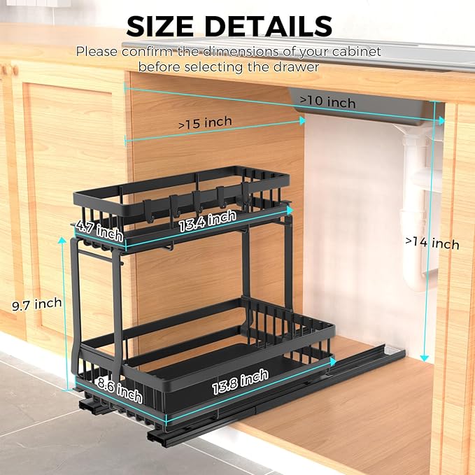 Upgrade Under Sink Organizer for Bathroom Kitchen, 2 Tier Cabiner Slide Out Shelves Basket Stable Carbon Steel Shelf Storage for Home, Laundry Room