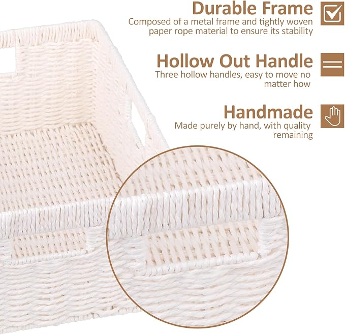OIAHOMY Wicker Storage Basket, Rectangular Paper Rope Shelf Baskets with Built-in Handles, Woven Decorative Organizer for Pantry, Shelves, Living Room and Bathroom, 1-Pack White
