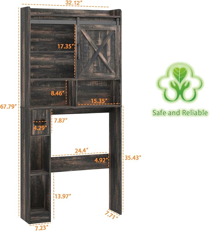 Vabches Over The Toilet Storage Cabinet with Sliding Barn Door. Dark Grey | Farmhouse Storage Cabinet with Toilet Paper Holder Stand, Home Space-Saving Toilet Rack, for Bathroom, Restroom, Laundry