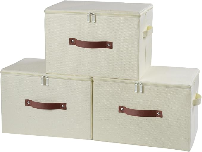 3 Pack Storage Bins with Zipper Lid Fabric Lidded Storage Boxes Baskets Cubes Washable Collapsible PU Leather Handle Cotton Linen Fabric Shelf Closet Organizer Container(Beige, Large Size)