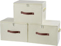 3 Pack Storage Bins with Zipper Lid Fabric Lidded Storage Boxes Baskets Cubes Washable Collapsible PU Leather Handle Cotton Linen Fabric Shelf Closet Organizer Container(Beige, Large Size)