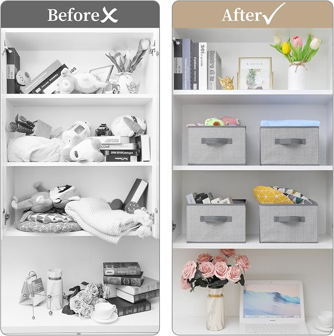 Storage Baskets, 11-Inch Woven Fabric Bins, Storage Cubes with Reinforced Handles, Organizer Bins for Closet Shelves, Foldable, for Toys, Clothes (2PCS/Grey-11*11*7.8inch)