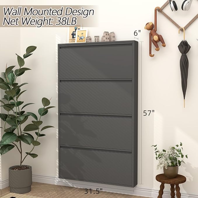 GREATMEET Black Shoe Cabinet Storage for Entryway, Narrow Shoe Cabinet for Entryway Slim, Wall Mounted Metal Hidden Shoe Organizer with 4 Flip Drawers
