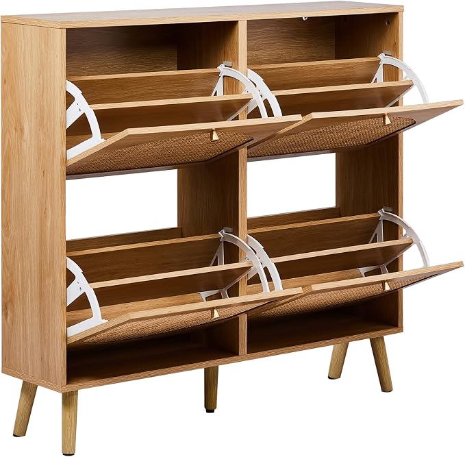 Karl home Natural Rattan Shoe Cabinet with 4 Flip Drawers Entryway Storage | Freestanding Hidden Shoe Organizer Cupboard, Rattan Storage for Entryway, Hallway, Living Room