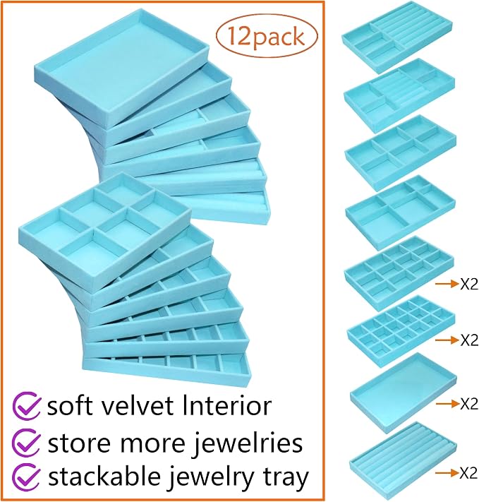 12 Pcs Jewelry Organizer Tray Stackable Velvet Jewelry Tray Earrings Display Case Necklace Earring Box Storage Drawer Bracelet Rings Accessories Trays, Blue
