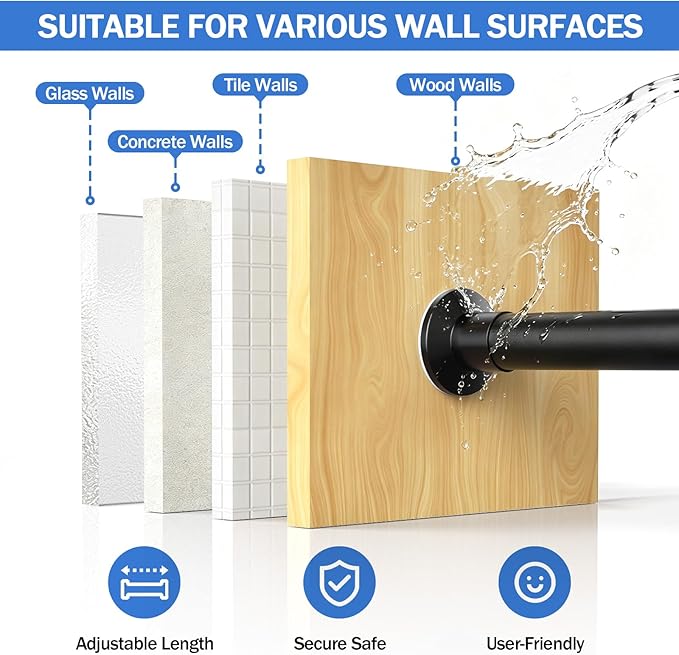 No Drilling Closet Rod, Adjustable Black Closet Rod, 28-98 Inches Heavy-Duty Closet Tension Rods for Hanging Clothes for Wardrobes, Closet, Laundry & Bathroom (Black)