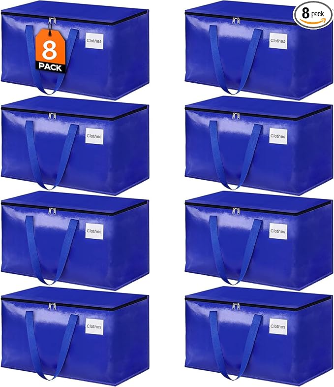 HomeHacks Moving Bags, 8-Pack Heavy Duty with Strong Zippers and Handles Collapsible Moving Supplies, Storage Totes for Packing & Moving Storing 93L-8 Pack (Blue)