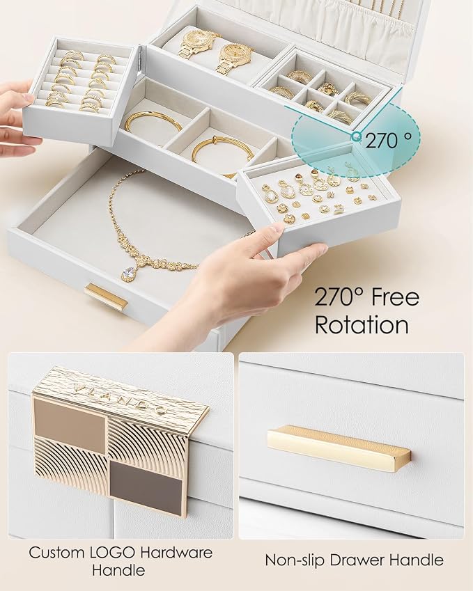 VLANDO 3 Layer Jewelry Box - Women Jewelry Box with Retractable Tray - Jewelry Organizers with Drawer for Necklaces, Rings, Bracelets, Earrings, Gift for Couples Mom Girls - White