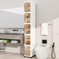 5 Tier Slim Bathroom Storage Cabinet, Foldable and Movable, Beige | Tools Free, ABS and PET, Magnetic Clear Door, Adjustable Shelves, Lockable Wheels, Water Resistant, For Narrow Space