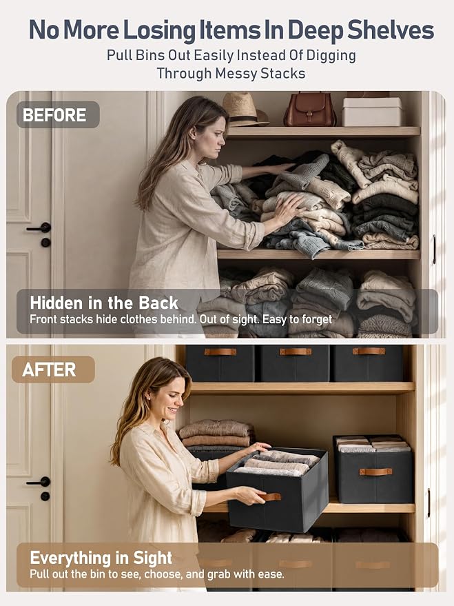 8 Pack Large Closet Storage Baskets Bins for Shelves, Collapsible Fabric Closet Organizers and Storage with Polyester Handles, Decorative Baskets for Organizing Clothes, Towels, Linen Closet 14"x10"