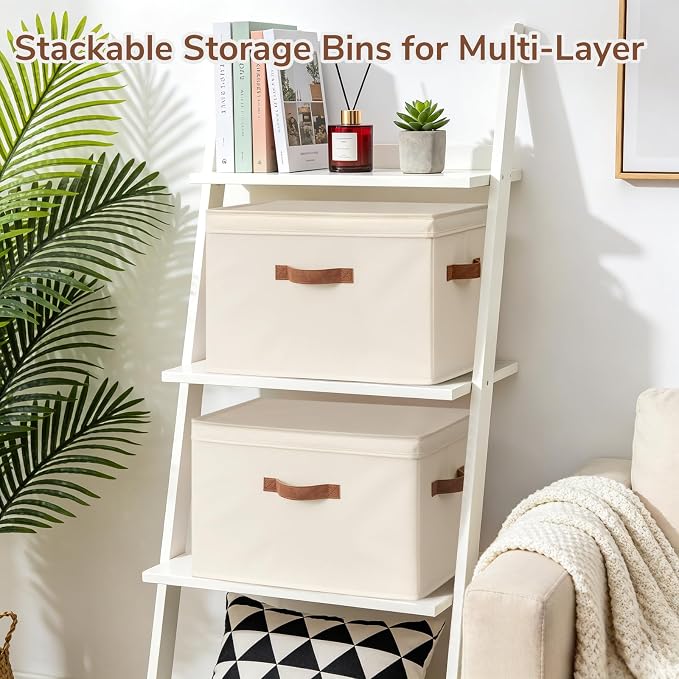 CHICVITA 4-Pack Closet Storage Bins with Lids, Fabric Storage Baskets for Shelves, Decorative Storage Boxes with Handles for Clothes Toy, Ivory
