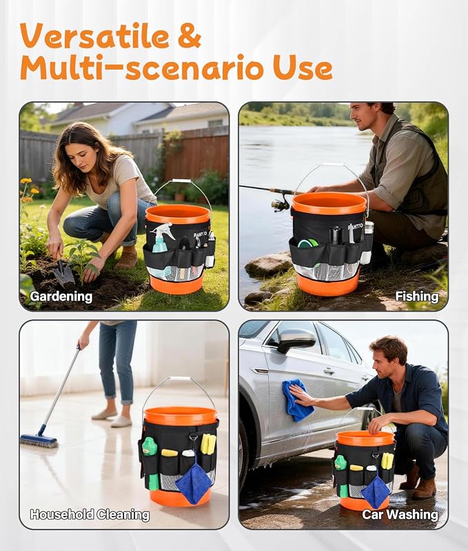 Bucket Tool Organizer, 5 Gallon Garden Bucket Tool Bag with Mesh Pocket | Waterproof Bucket Storage Caddy, Versatile for Car Wash Suppliers, Gardening Tools, Fishing Gear, Fit 3.5 to 5 Gallon Buckets