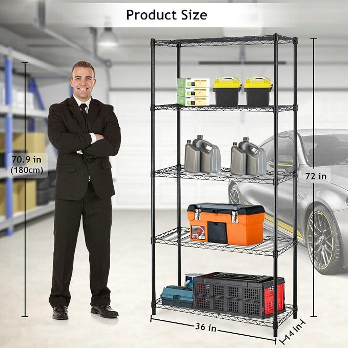 BestOffice | 5-Tier Wire Storage Shelves | 36x14x72 | Black | with Adjustable Racks | Heavy-Duty Metal Shelf, Holds Upto 1000 lbs | No-Tool Assembly | Ideal for Home & Garage Shelving