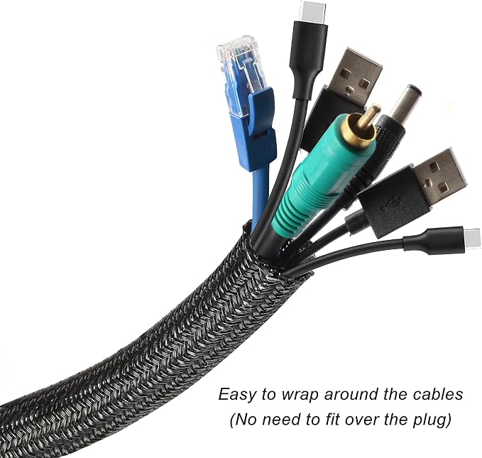 Cable Management Sleeve, Split Design, 25FT - 1.25 Inch, Black | Cord Protectors from Pets | Heat & Abrasion Resistant Wire Loom | Automotive Wiring & Home Office Cable Organization