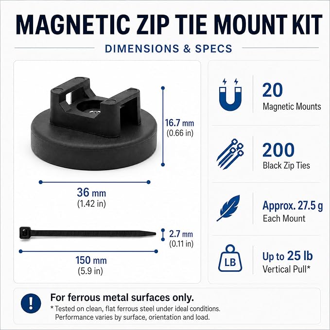 20 Pcs 36 mm Magnetic Zip Tie Mount Base with 200 Black Zip Ties, 25 lb Pull Force Large Magnetic Cable Clips, Magnet Wire Holder and Cable Tie Mounts for Wire Cord Organizer on Steel Surfaces