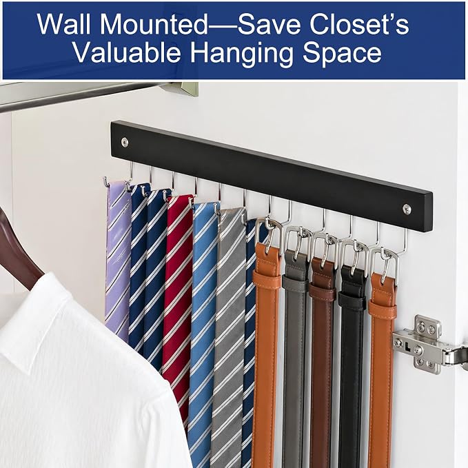 2 Pack Belt Hanger Wall Mount, Large Capacity Tie and Belt Organizer for Wall with 24 180°Rotating Non Slip Hooks, Heavy-Duty Wooden Tie Rack Space Saving Closet Organizers and Storage, Black