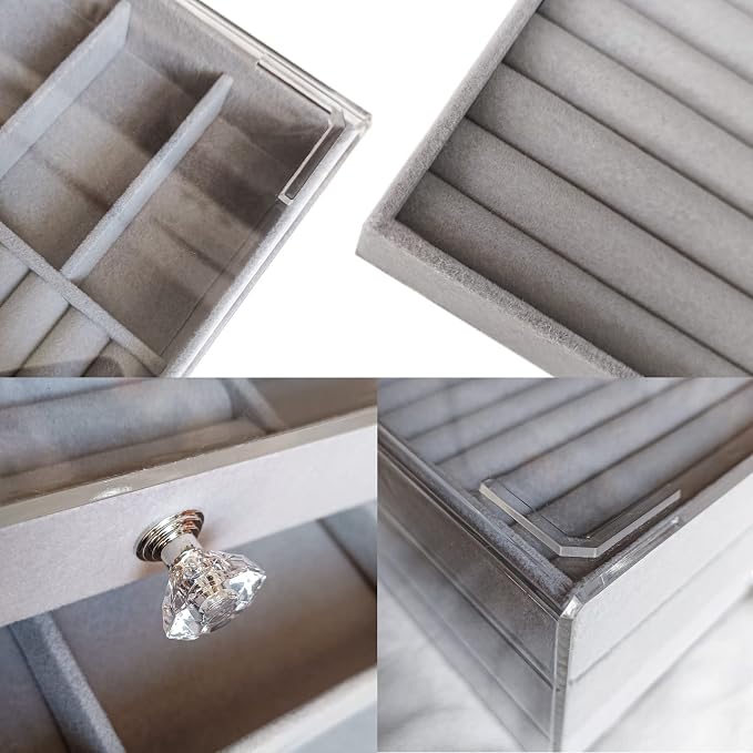 Clear Acrylic Velvet Jewelry Organizer with 3 Drawers, Stackable Display Storage Earrings Necklace Rings Bracelets Box Holder Case for Women, Grey