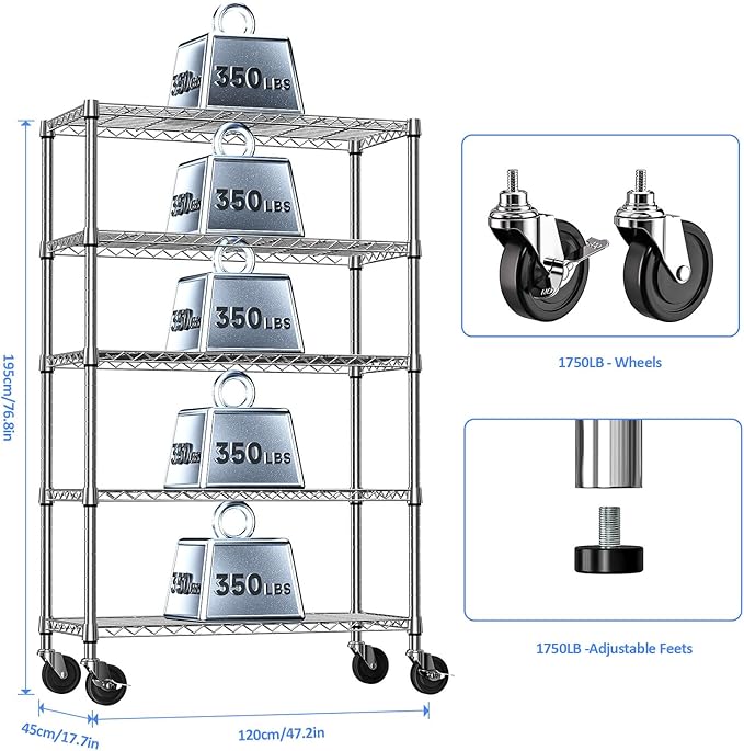 Garage Shelving Unit with Wheels, 48” Heavy Duty Metal Storage Shelf Rack | 5-Tier, 17.7" D x 47.2" W x 76.7" H, Adjustable Wire Rack Organizer, 1750 lbs Chrome Shelf for Kitchen, Pantry, Laundry Room