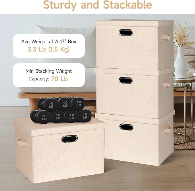 Graciadeco Large 17" 36 Quart Collapsible Stackable Storage Bins with Lids, 3 Packs Light Orange Linen Fabric Closet Boxes with Lids, Storage Cube Baskets Container Organizers for Office (17x12x11)