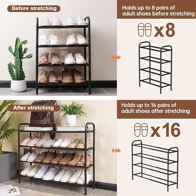 Gonfoam 4-Tier Expandable Shoe Rack,Adjustable Shoe Shelf Storage Organizer Heavy Duty Metal Free Standing Shoe Rack for Entryway Closet Doorway (Black) | Tool-Free Assembly, Metal Material, Adjustable Shoe Organizer, Sturdy, Small Space Solution, Dorm...