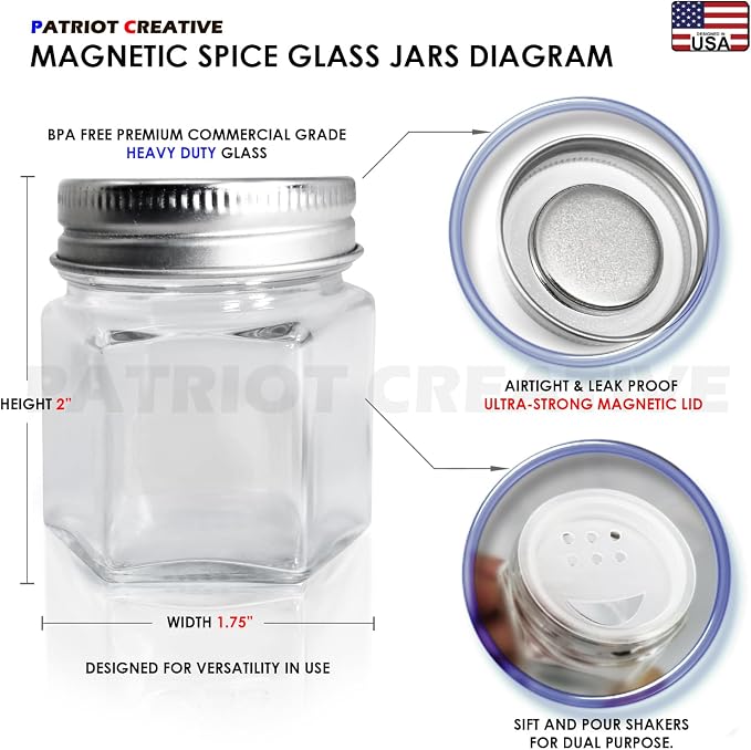 PATRIOT Set of 25 Hexagon Glass Spice Jars with Shaker Lids and Labels for Refrigerator, Kitchen, RV Travel Trailer Magnetic Containers