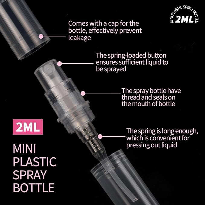 Fandamei Mini Spray Bottle, 10 Pack 2ml Mini Plastic Spray Bottle Empty, Fine Mist Refillable Perfume, Small Perfume Spray Bottle, Tiny Plastic Portable Travel Bottle, Clear