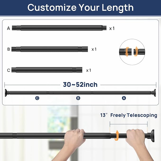 ENJOYBASICS Matte Black Shower Curtain Rod 30 to 52 Inches, Stainless Steel Adjustable Spring Tension Rods No Drill for Bathroom, Closet, Window, Room Divider, Never Rust, Non Slip
