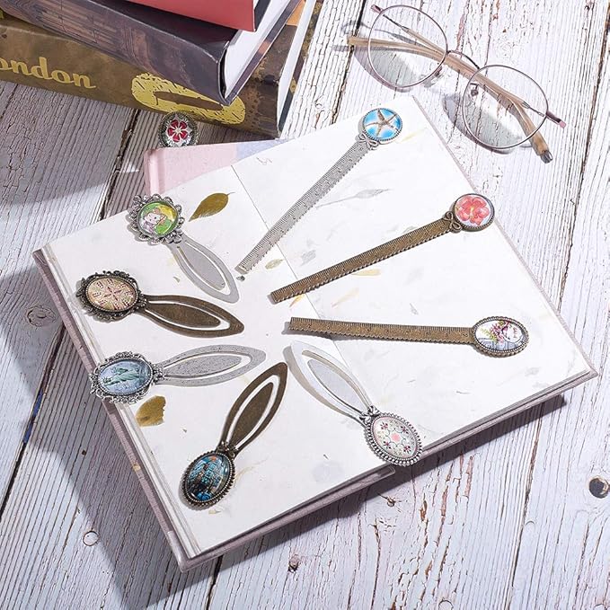 SUNNYCLUE 12Pcs 2 Styles Ruler Bookmark Pendant Tray Kit with 8Pcs Bookmark Cabochon Setting 4Pcs Ruler Cabochon with Clear Oval Round Glass Cabochon for DIY School Office Supplies Book Gifts Making