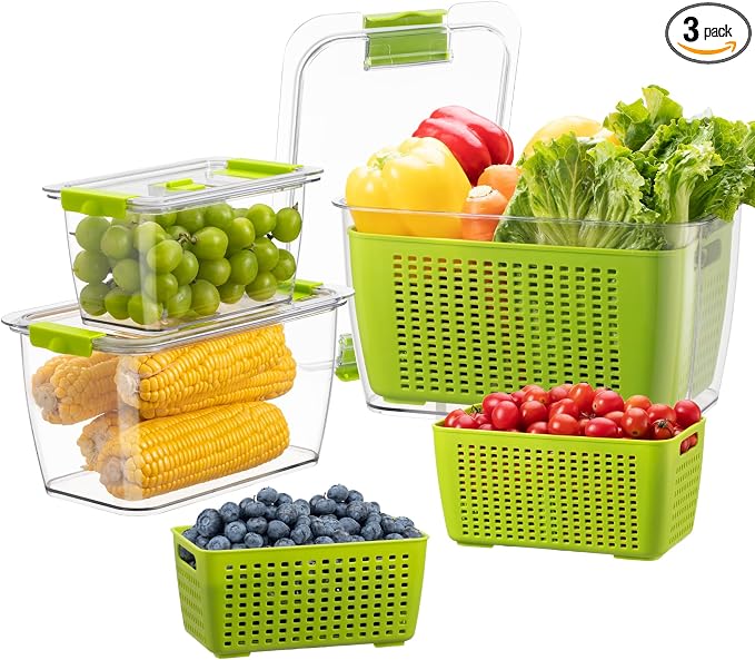 LUXEAR Fresh Container, 3PACK Produce Saver Container BPA Free Fridge Organizer for Vegetable Fruit and Salad Partitioned Food Storage Container with Vents Stay Fresh Containers Not Dishwashers Safe