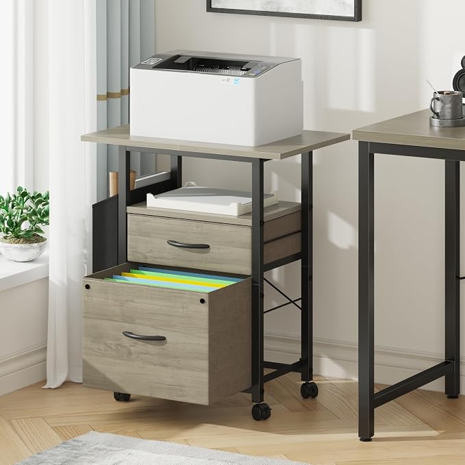 GYIIYUO 2 Drawer File Cabinet with 24'' Extended Desktop, Mobile | Rolling Filing Cabinet, Side Bag, Fits A4/Letter Size, Rolling Printer Stand, Home Office, Fabric Drawer, Oak Grey