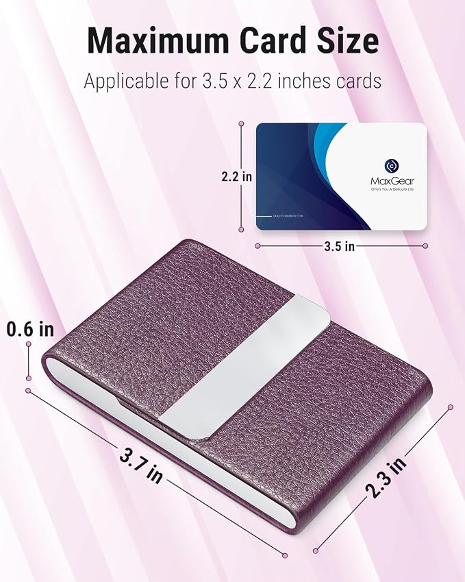 MaxGear Business Card Holder, PU Leather Business Card Case, Purple | Stainless Steel Interior, Magnetic Closure, RFID Blocking, Holds 15–25 Standard Business Cards