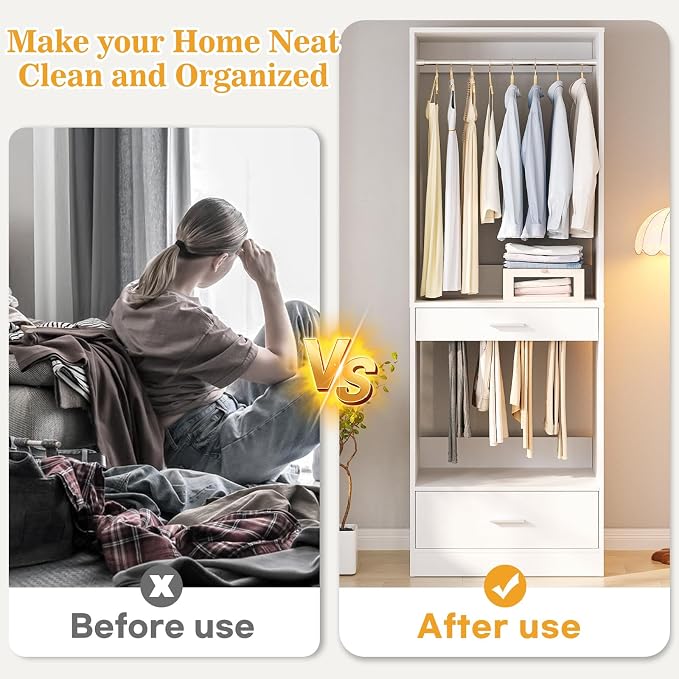 Homieasy Closet System Organizer with Hanging area, Pants Rack & Drawer – Expandable & Sturdy Modular Closet Storage Unit, Customizable Wardrobe Organizer for Bedroom or Walk-In Closet, White