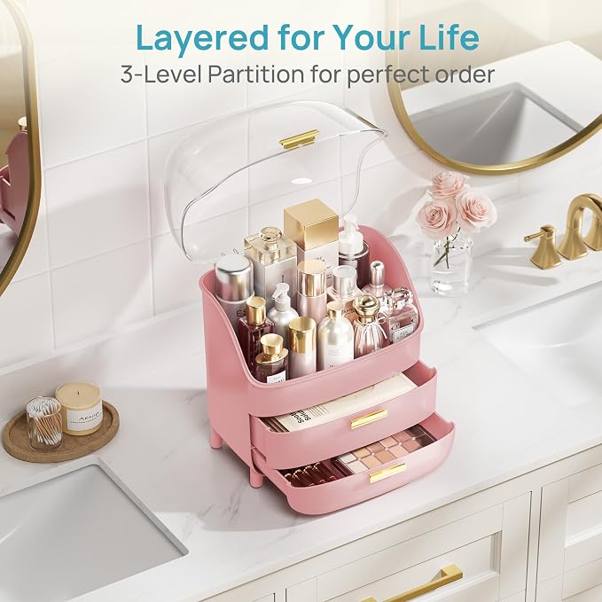 Vtopmart 3-Tier Skincare Makeup Organizer with Lids, Pink | With Drawers and Lid, For Vanity and Bathroom Countertop, Large Cosmetic Storage Box Case for Dresser, With Non-Slip Base