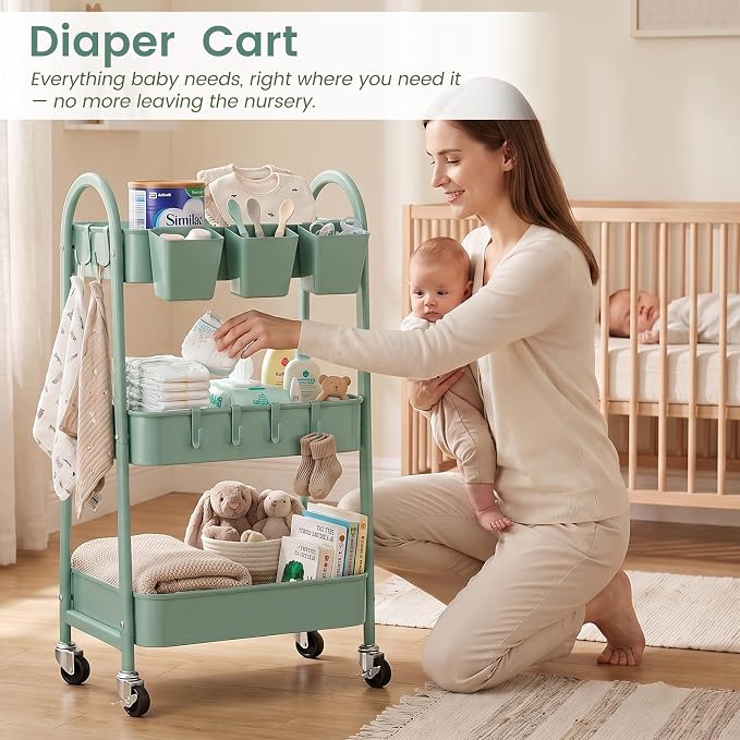 danpinera 3-Tier Rolling Cart, Utility Cart Mobile Metal Rolling Storage Cart with Lockable Wheels & Hanging Cups & Hooks for Kitchen, Bathroom, Office, Workshop, Green