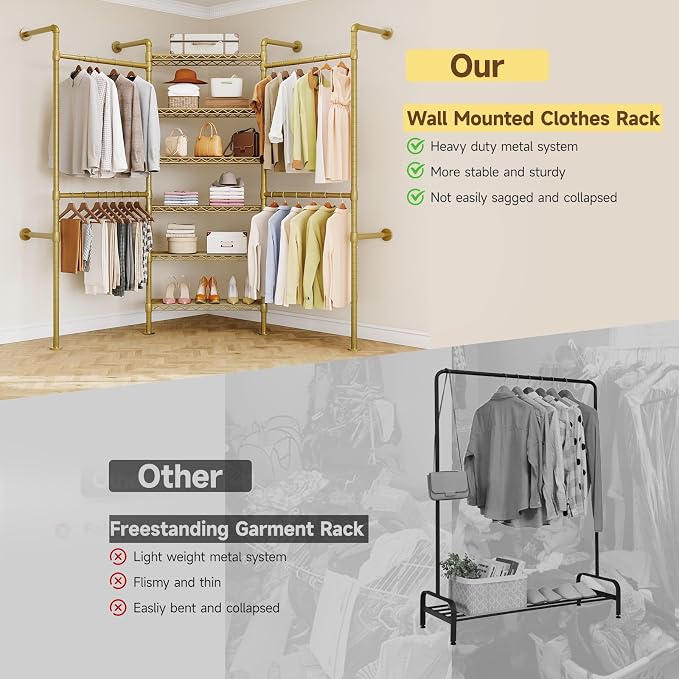 L3 Wall Mounted Metal Pipe Closet System Heavy Duty Corner Garment Rack | Max Load 950LBS with 4 Telescopic Rods & 6 Wire Shelves Gold Industrial Modular Clothing Clothes Rack Wardrobe Closet