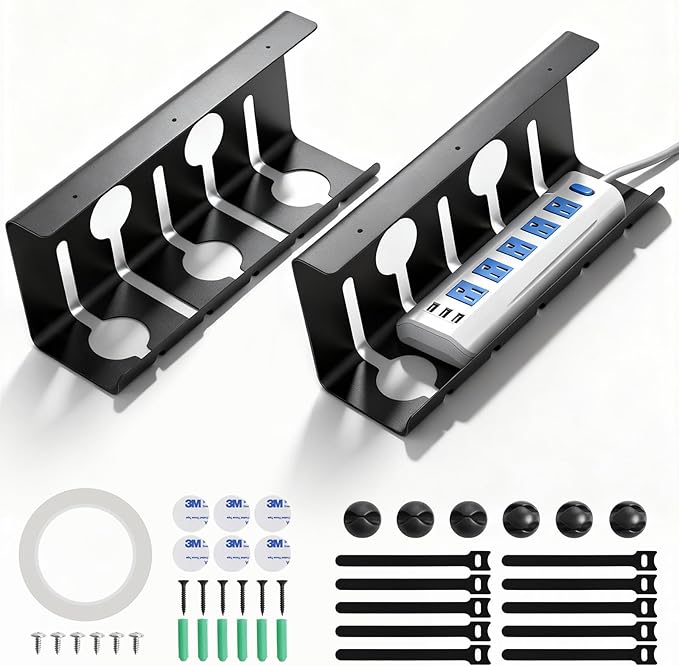 Cord Management Under Desk, 16.5" L x 4.7" W x 6.8" H, 2 Pack Under Desk Cable Tray, Wire Organizer for Power Strip, Tape Mount or Screw Mount, Easy Install Cord Raceway for Desk & Home