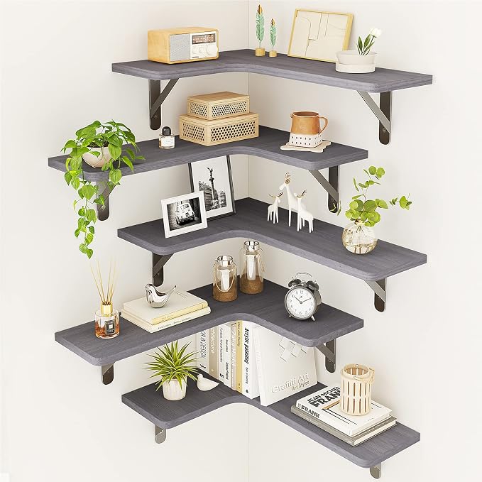 Fixwal Corner Floating Shelves Set of 5, Rustic Wood Wall Mounted Corner Shelf for Bathroom, Kitchen, Bedroom, Home Decor, Laundry Room, Living Room(Gray)